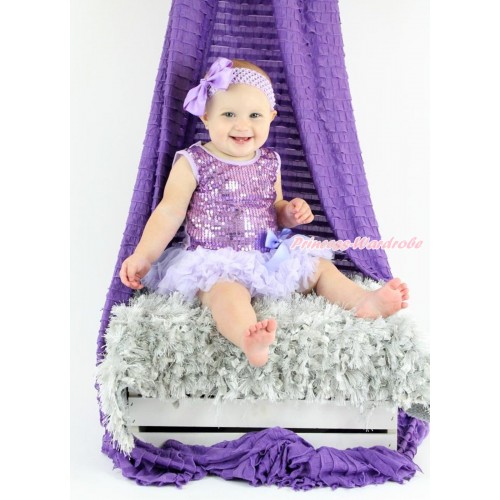 Valentine's Day Lavender Sparkle Sequins Baby Bodysuit Pettiskirt & Bow & Lavender Headband Silk Bow JS3747